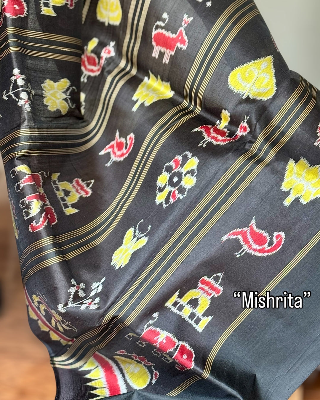 Olive Green Nabakothi Contemporary Ikat Pure Silk Saree|Odisha Weaves|Mishrita