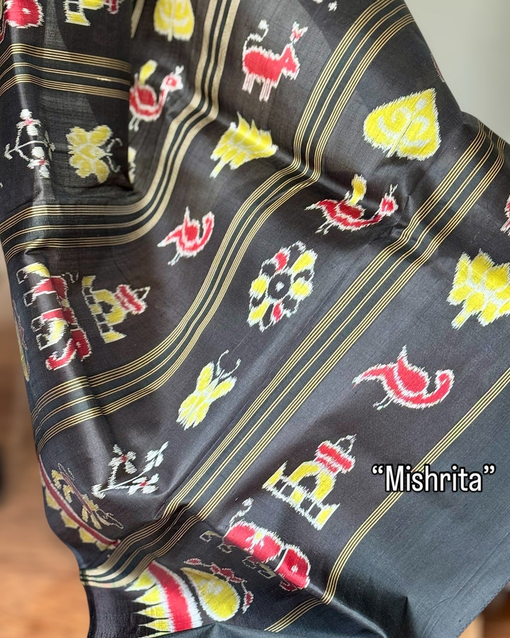 Olive Green Nabakothi Contemporary Ikat Pure Silk Saree|Odisha Weaves|Mishrita