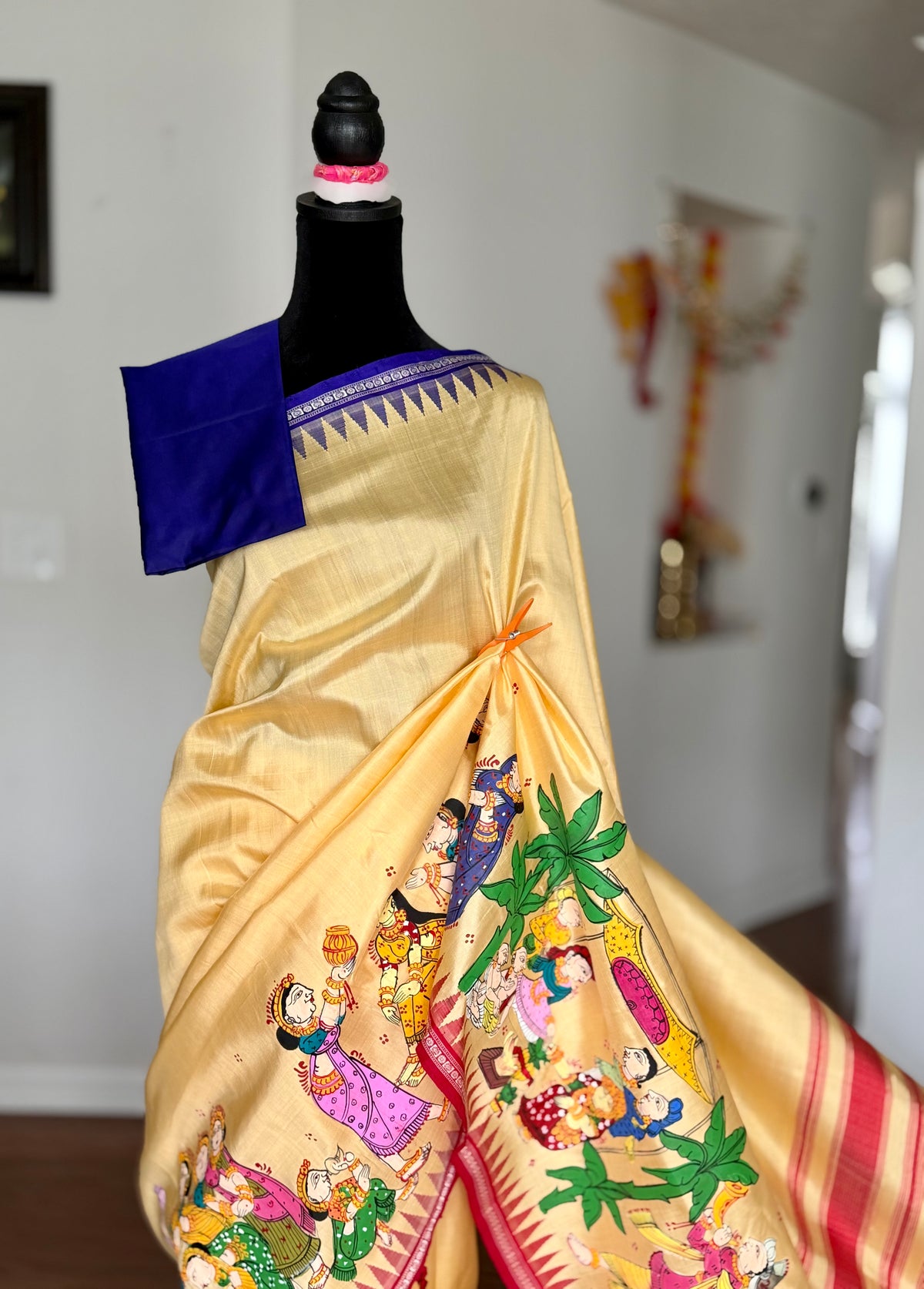 Warm pale yellow Odia Vivaha Pattachitra Berhampuri Pure Silk Saree – Ganga Jamuna Border