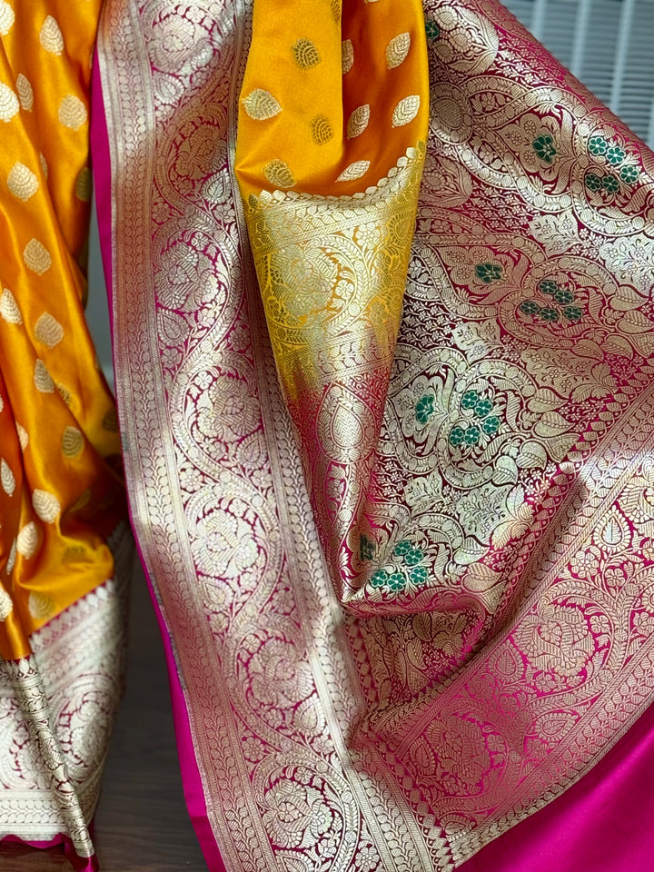 Orange Handloom Banarasi Silk Saree With Stitched Blouse