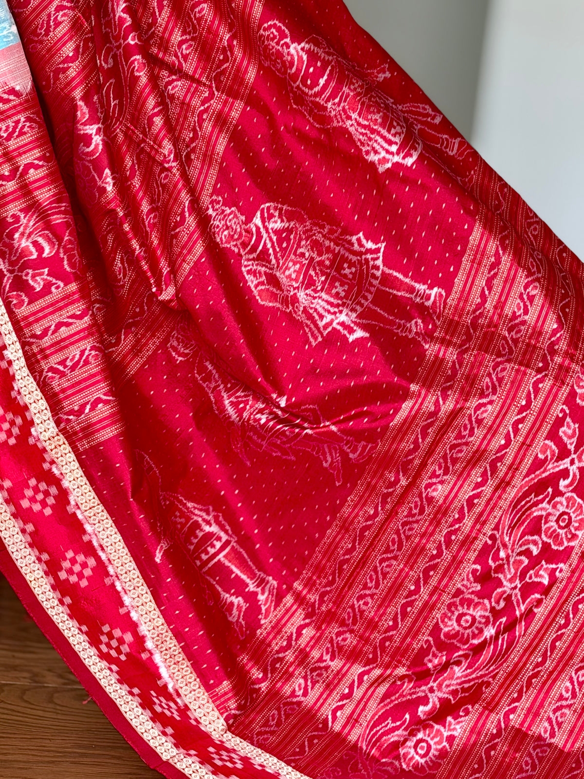 Ice-blue and red handwoven Sambalpuri pure Ikkat silk saree with pasapali border| Odisha Weaves