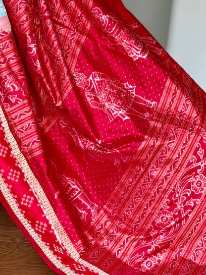 Ice-blue and red handwoven Sambalpuri pure Ikkat silk saree with pasapali border| Odisha Weaves