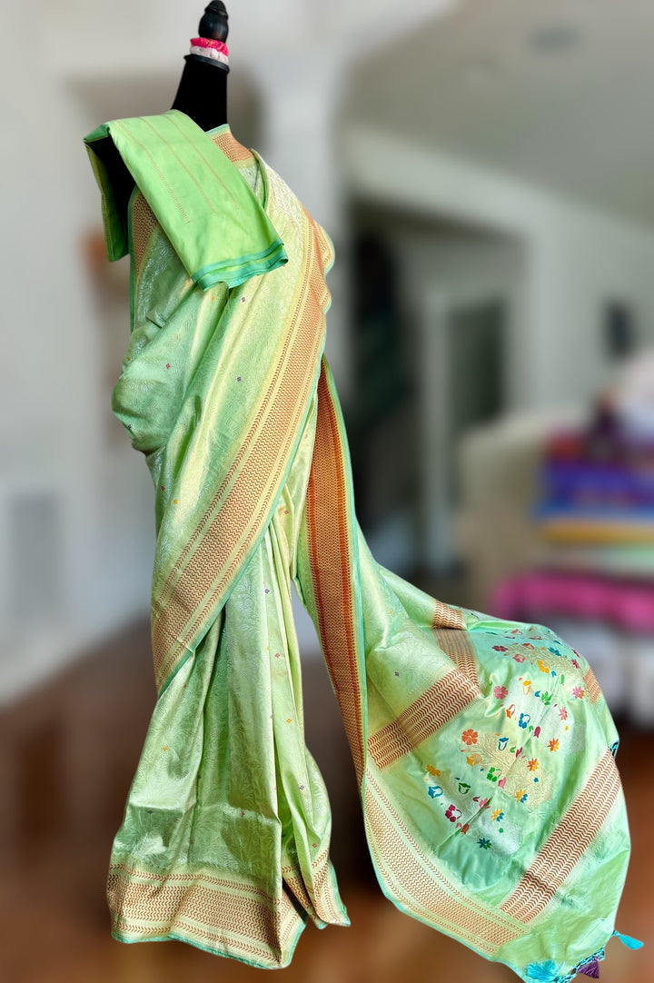 Mint Green Banarasi handloom brocade weaved pure silk saree with Tanchoi meenakari kadhuwa weave saree