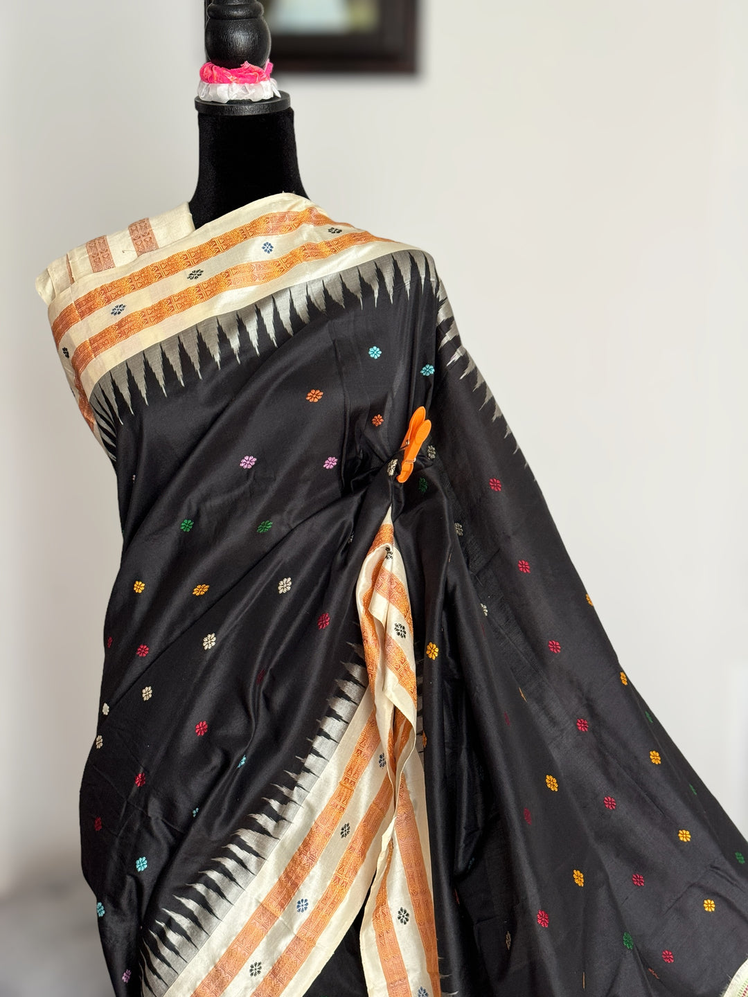 Gorgeous Black and Beige Combination Dolabedi pure silk saree from Odisha Weaves