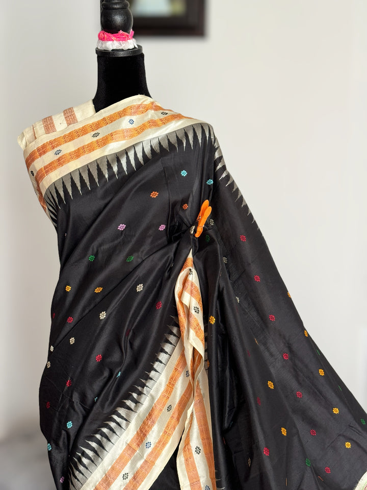 Gorgeous Black and Beige Combination Dolabedi pure silk saree from Odisha Weaves