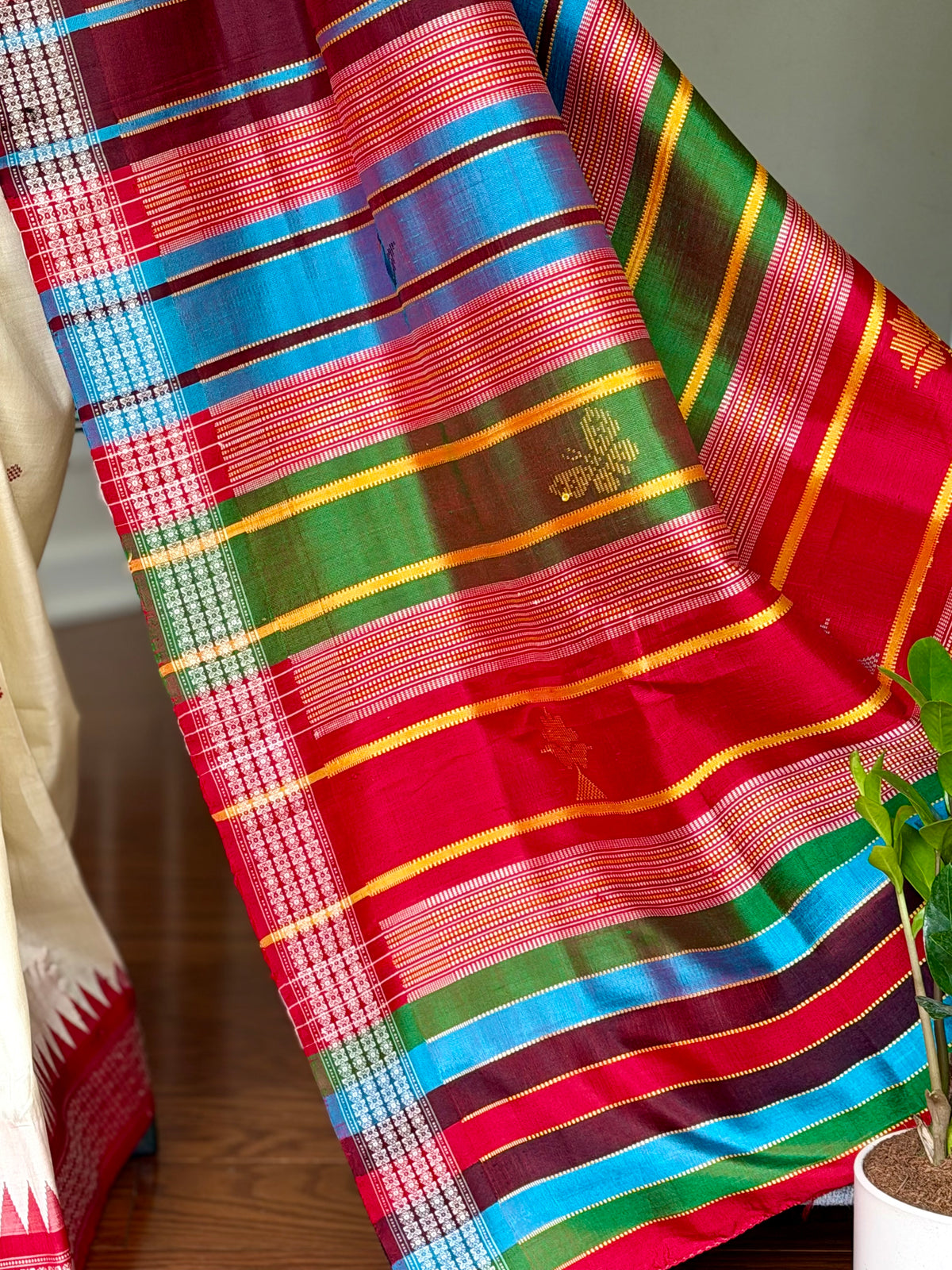 Off- White and Red Berhampuri Double pallu Pure Silk Saree| Odisha Weaves