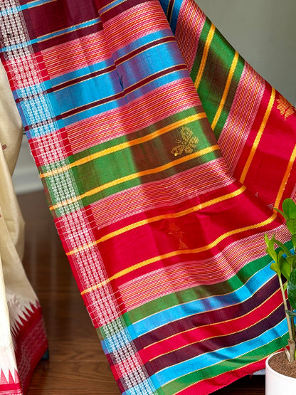 Off- White and Red Berhampuri Double pallu Pure Silk Saree| Odisha Weaves