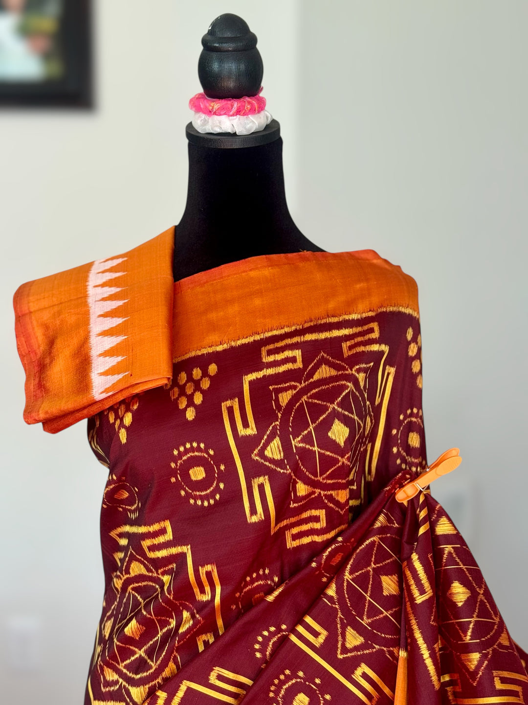 Maroon with yellow color handwoven ikat pure silk saree|Odisha Weaves|Contemporary Ikat|