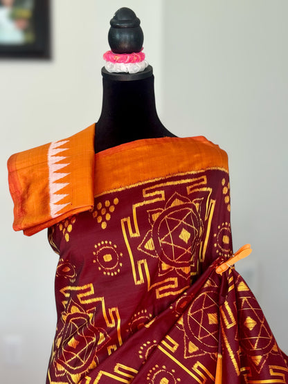 Maroon with yellow color handwoven ikat pure silk saree|Odisha Weaves|Contemporary Ikat|
