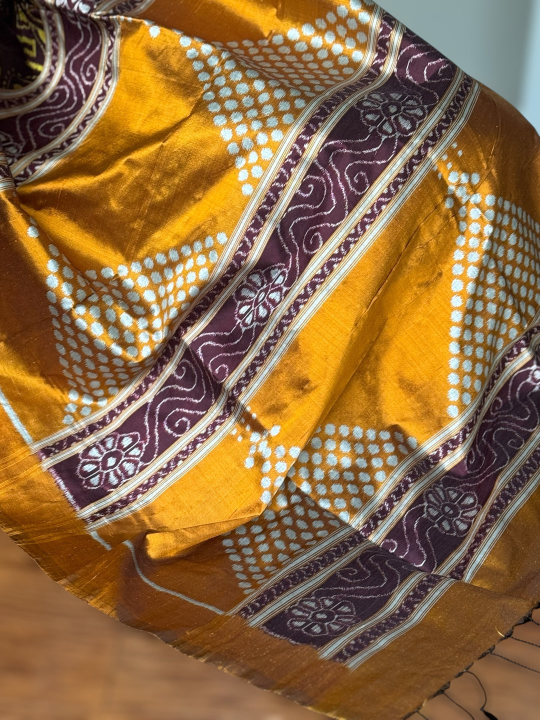 Dark Brown with yellow color handwoven yantra ikat pure silk saree|Odisha Weaves|Contemporary Ikat|