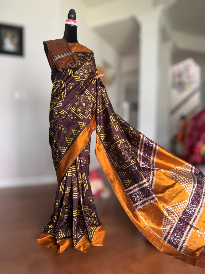 Dark Brown with yellow color handwoven yantra ikat pure silk saree|Odisha Weaves|Contemporary Ikat|