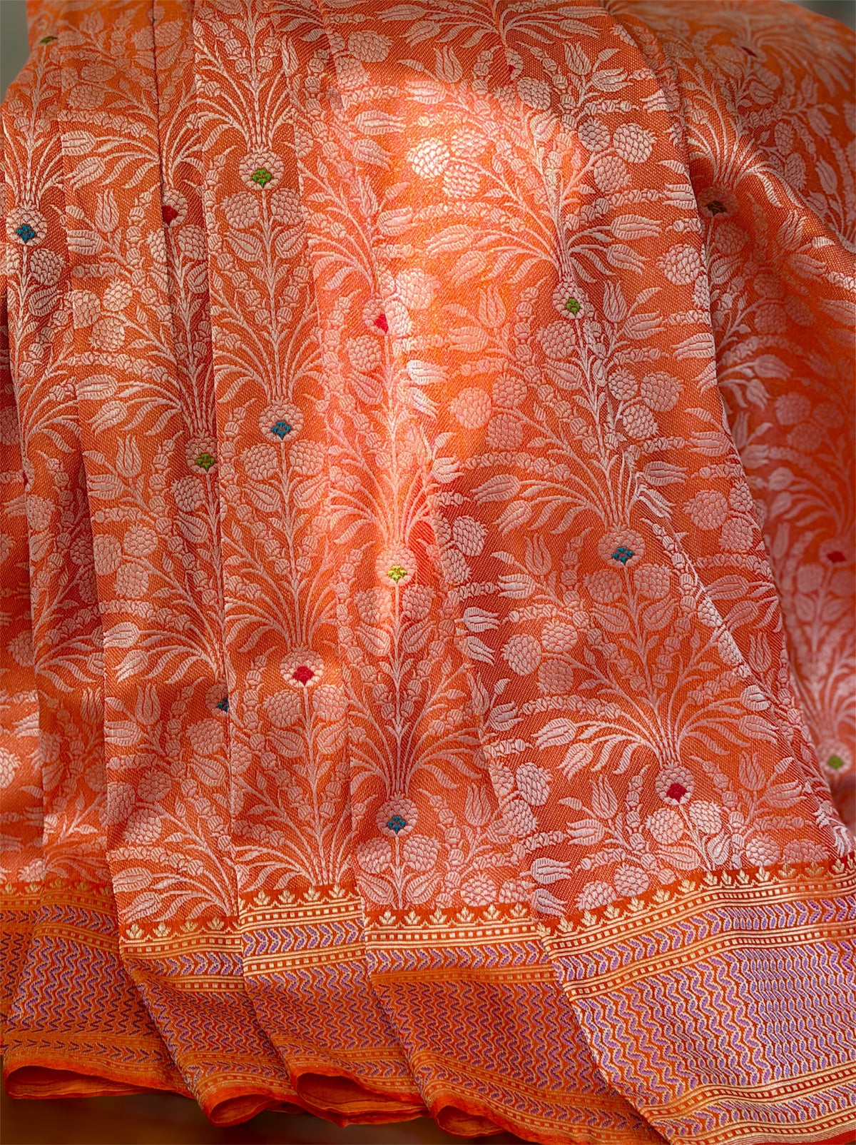 Orange Banarasi handwoven brocade pure silk with Tanchoi meenakari kadhuwa weave saree