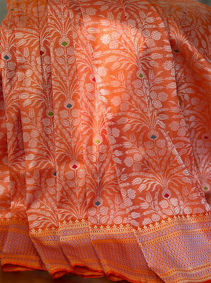 Orange Banarasi handwoven brocade pure silk with Tanchoi meenakari kadhuwa weave saree