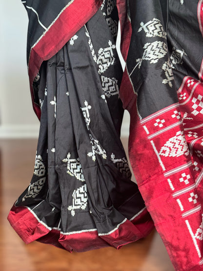 Black color fish motif handwoven ikat pure silk saree|Odisha Weaves|Contemporary Ikat|Antara