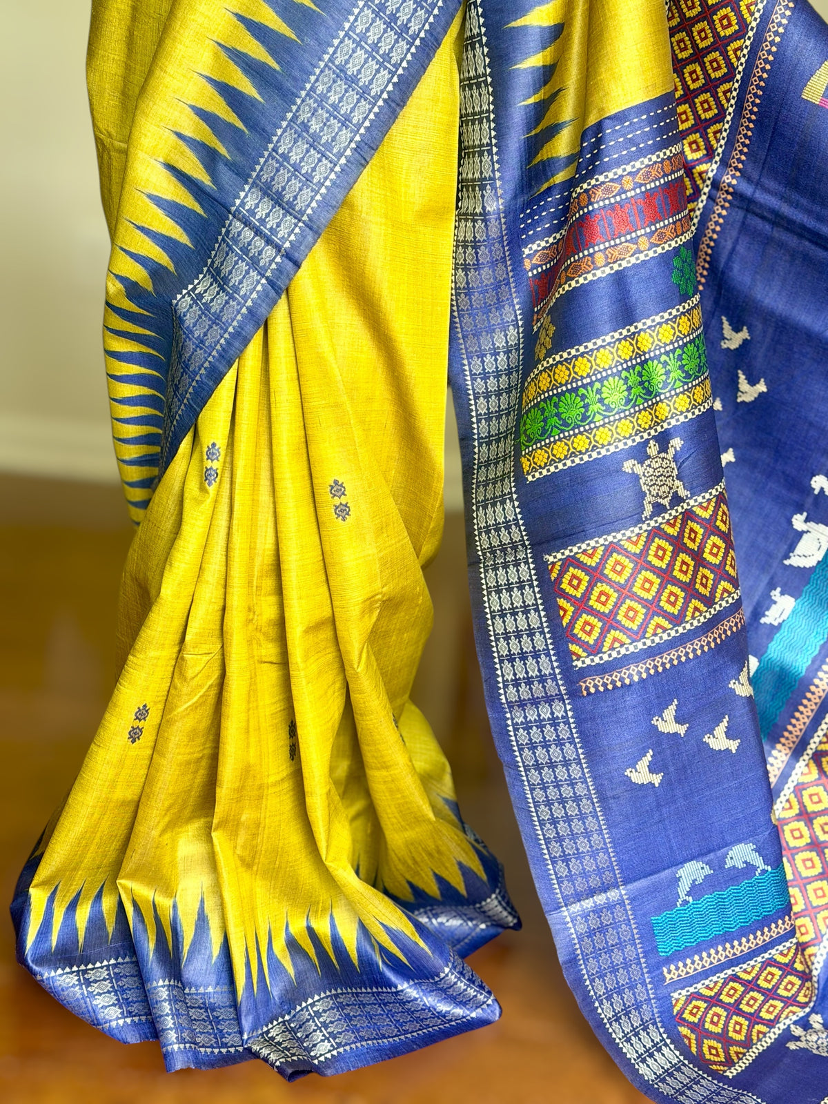 Boita theme handwoven pure Tussar silk saree in greenish yellow and blue color