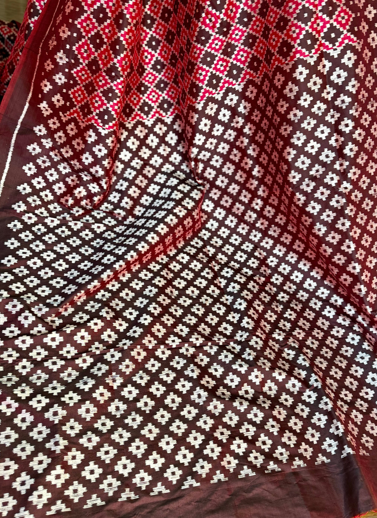 Maroon handwoven ikat pure silk saree with pasapali design|Odisha Weaves|Contemporary Ikat|Antara
