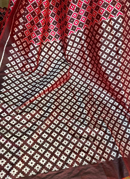 Maroon handwoven ikat pure silk saree with pasapali design|Odisha Weaves|Contemporary Ikat|Antara