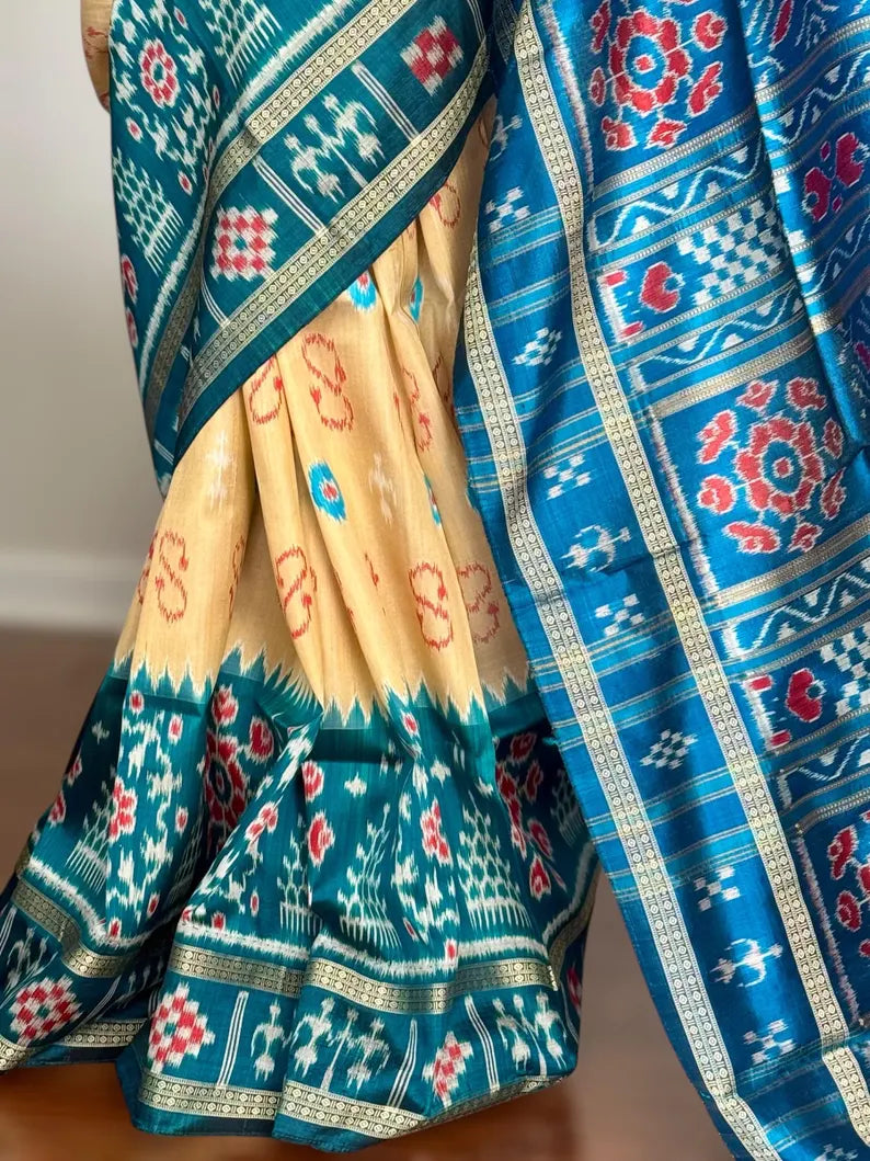 Baige Gold with blue combination handwoven contemporary ikat pure silk saree | Odisha weaves
