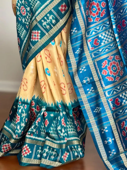 Baige Gold with blue combination handwoven contemporary ikat pure silk saree | Odisha weaves
