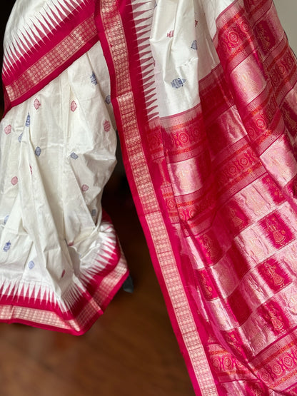 Gorgeous Bomkai pure Silk Saree in white and pink combination with Doll motif pallu