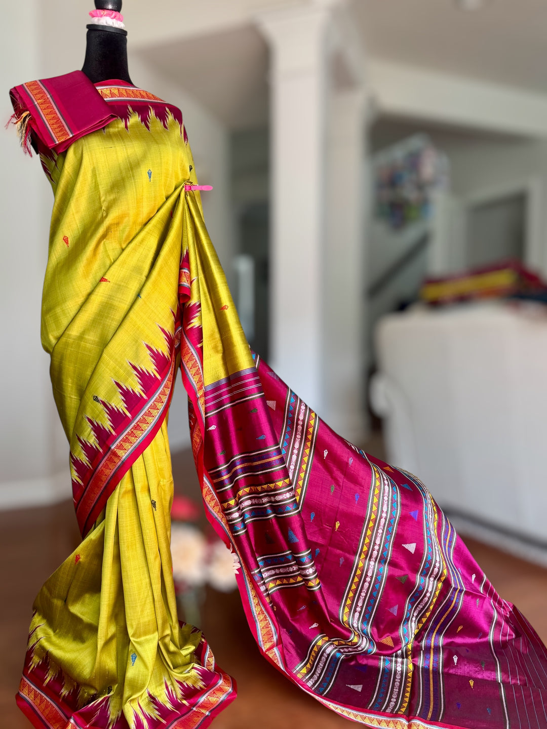 Light green and magenta pink combination Dongria double pallu contemporary ikat pure silk saree