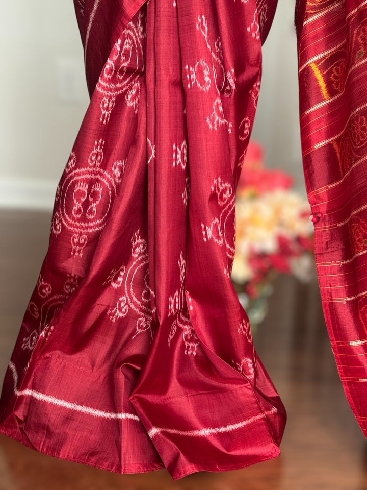 Fainted Maroon color Laxmi Pada contemporary ikat pure silk saree| Odisha Weaves