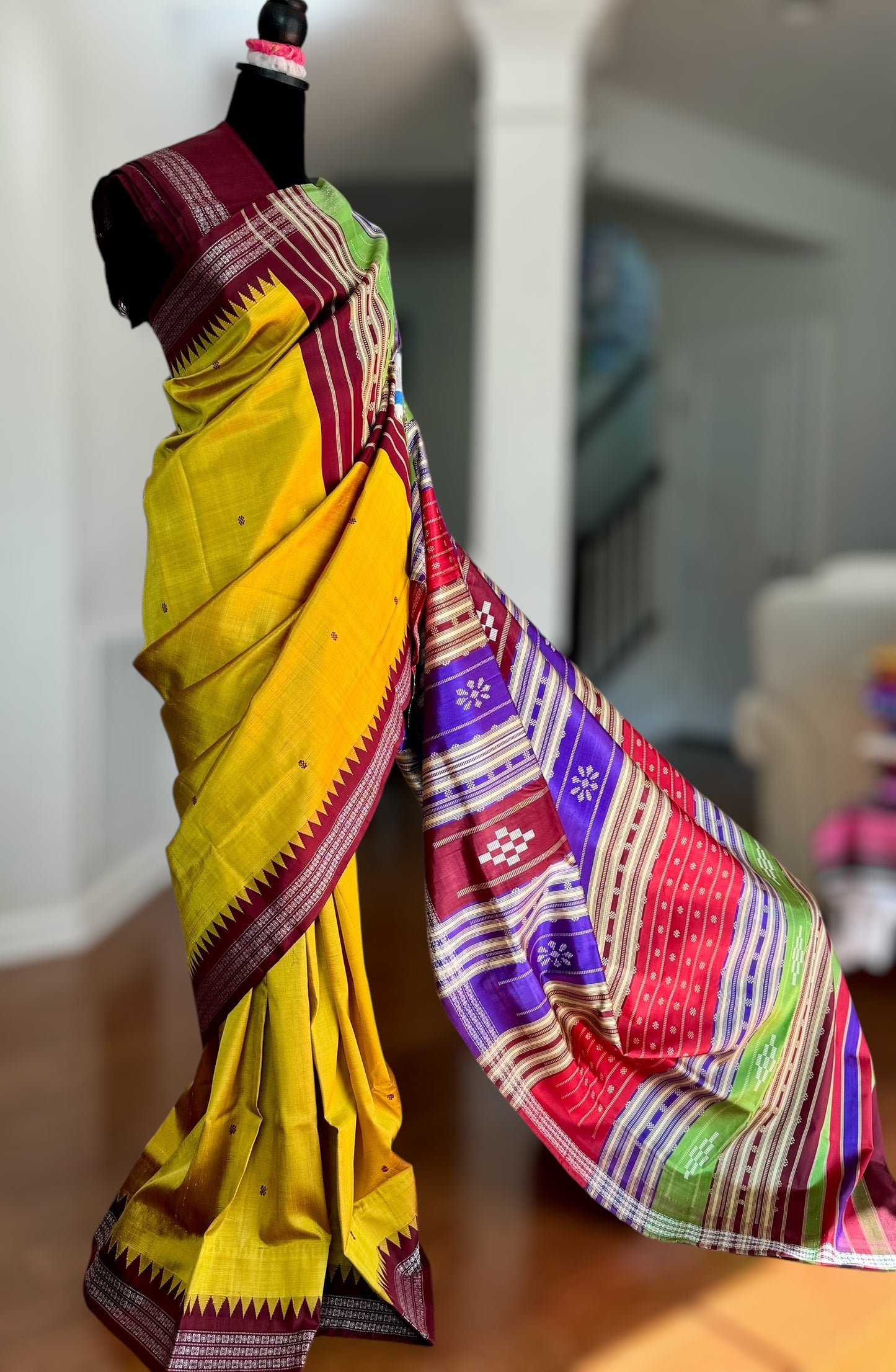 Mustard with brown combination Berhampuri Pure Silk Saree with Colorful double pallu