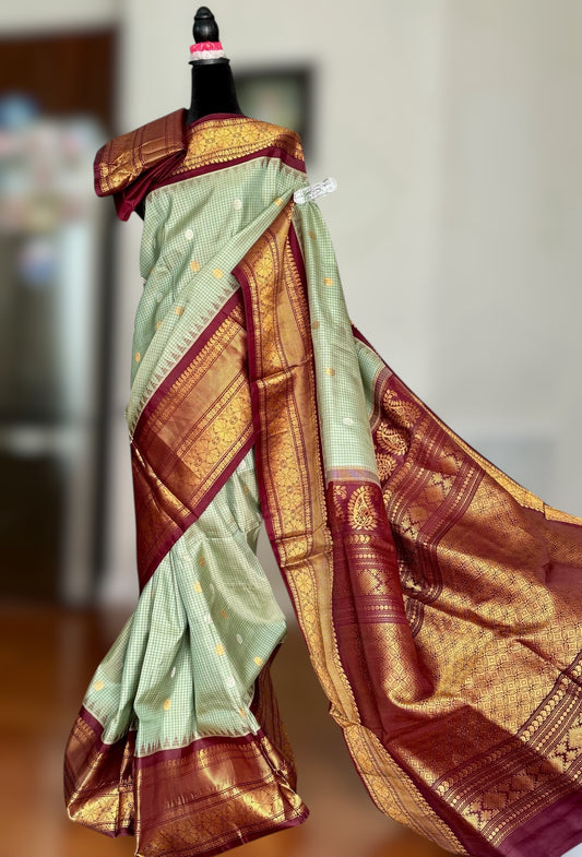 Light Sage Green vintage Checks Gadwal Pure Silk Saree with zari buttas and contrast Maroon border