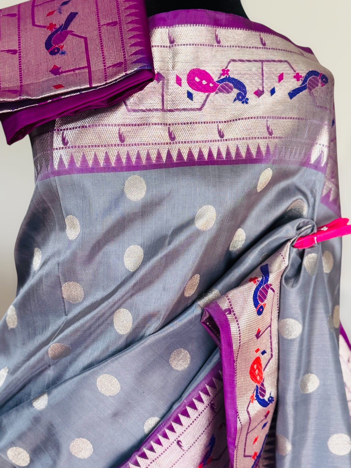 Grey purple high quality Venkatagiri handloom pure silk saree with Paithani border