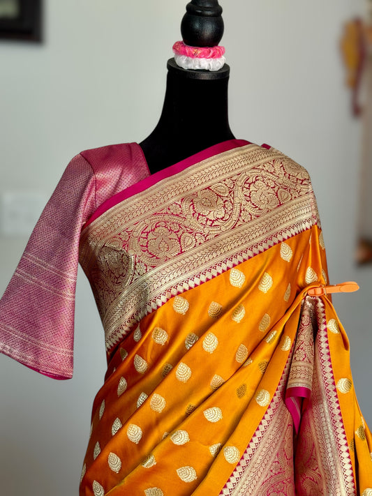 Orange Handloom Banarasi Silk Saree With Stitched Blouse