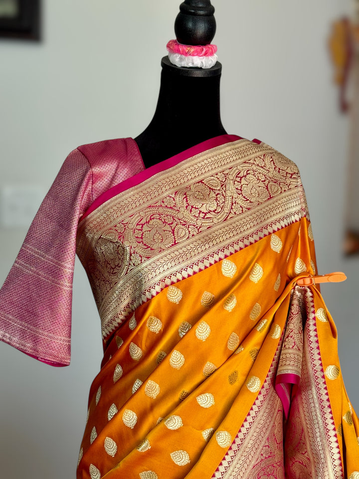 Orange Handloom Banarasi Silk Saree With Stitched Blouse