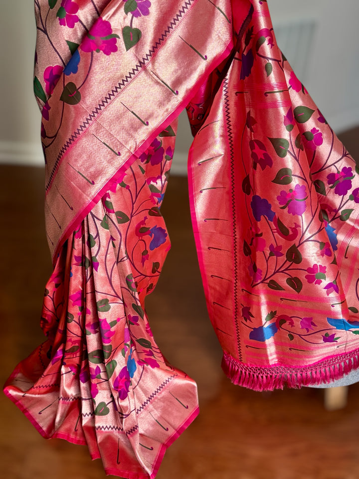 Pink color paithani inspired brocade saree with stitched blouse| Value Vogue