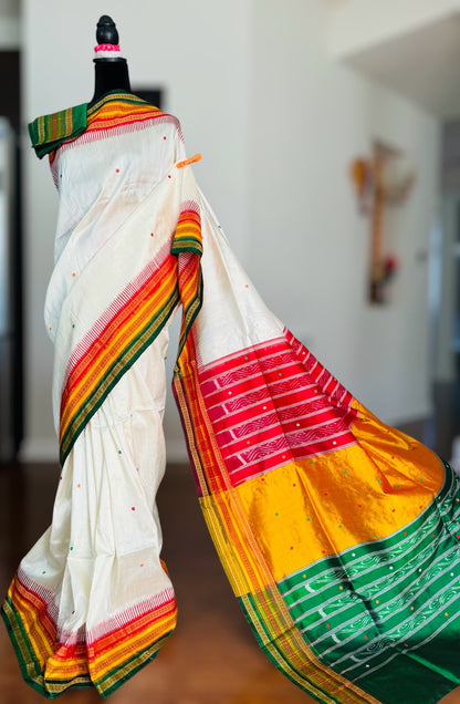 White kathiphera pure silk saree in red,yellow, green border and pallu | Khandua Ikat |Odisha Weaves
