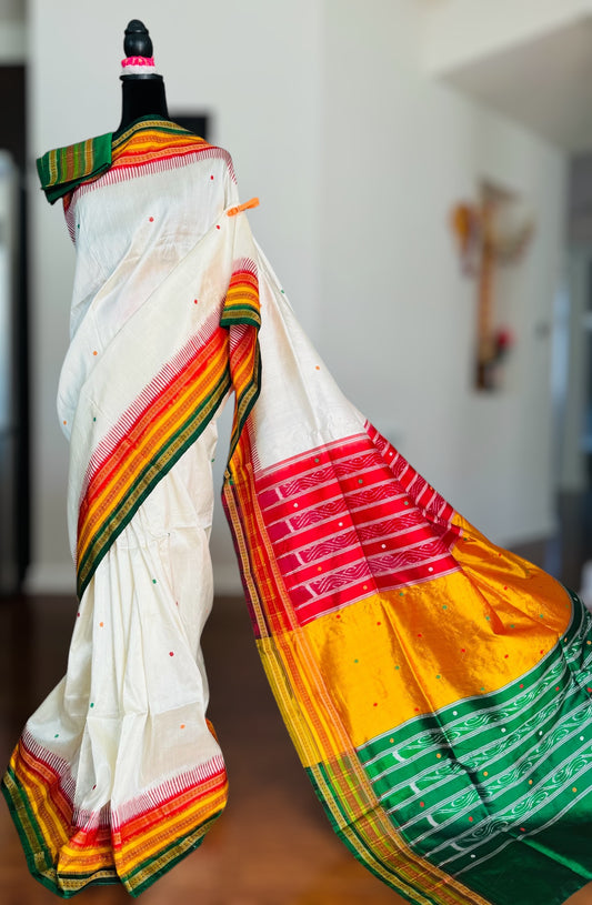 White kathiphera pure silk saree in red,yellow, green border and pallu | Khandua Ikat |Odisha Weaves