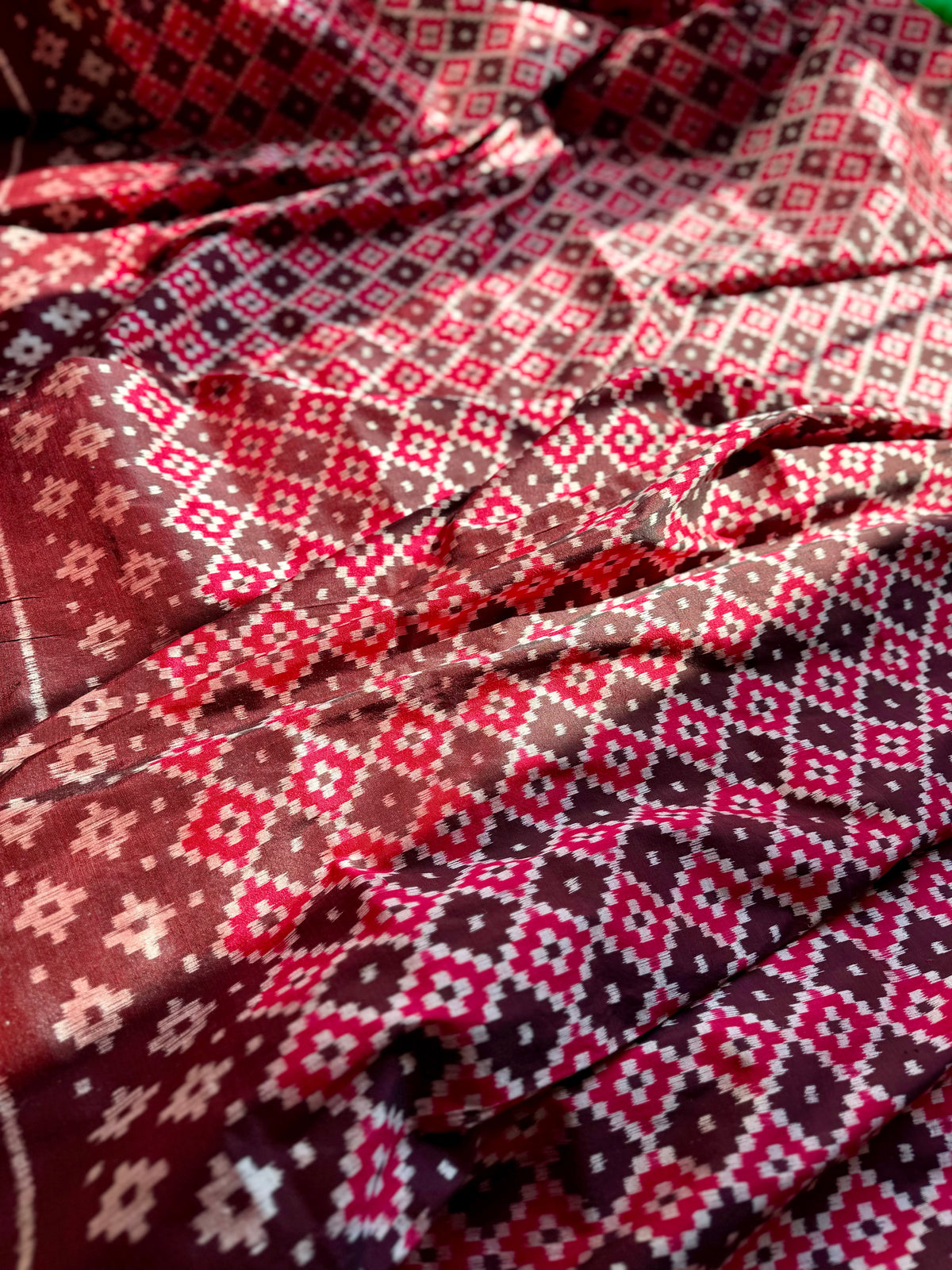 Maroon handwoven ikat pure silk saree with pasapali design|Odisha Weaves|Contemporary Ikat|Antara