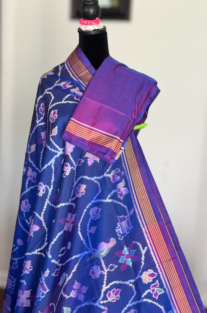 Blue with purple color semi (double) ikat patan Patola pure silk saree