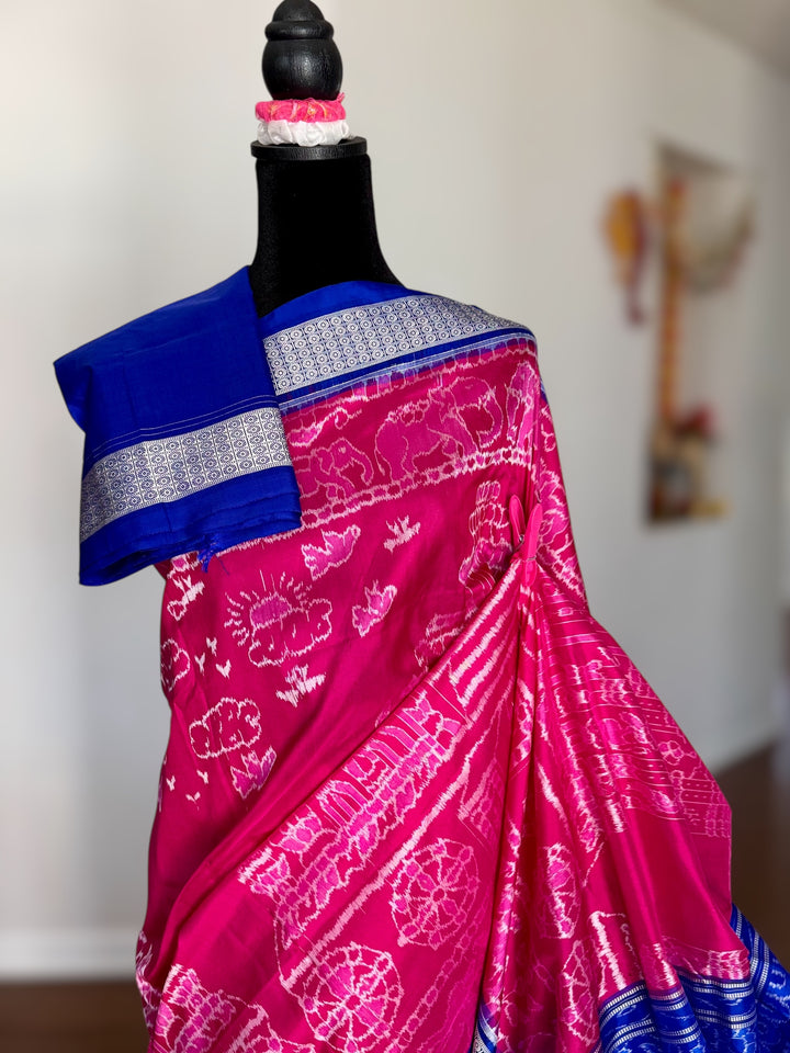 Large Konark Motif unique handwoven Sambalpuri ikat pure silk saree|Odisha Weaves|