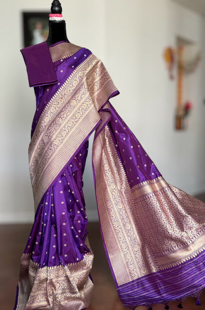 Exquisite piece of Banarasi handloom katan pure silk saree in purple