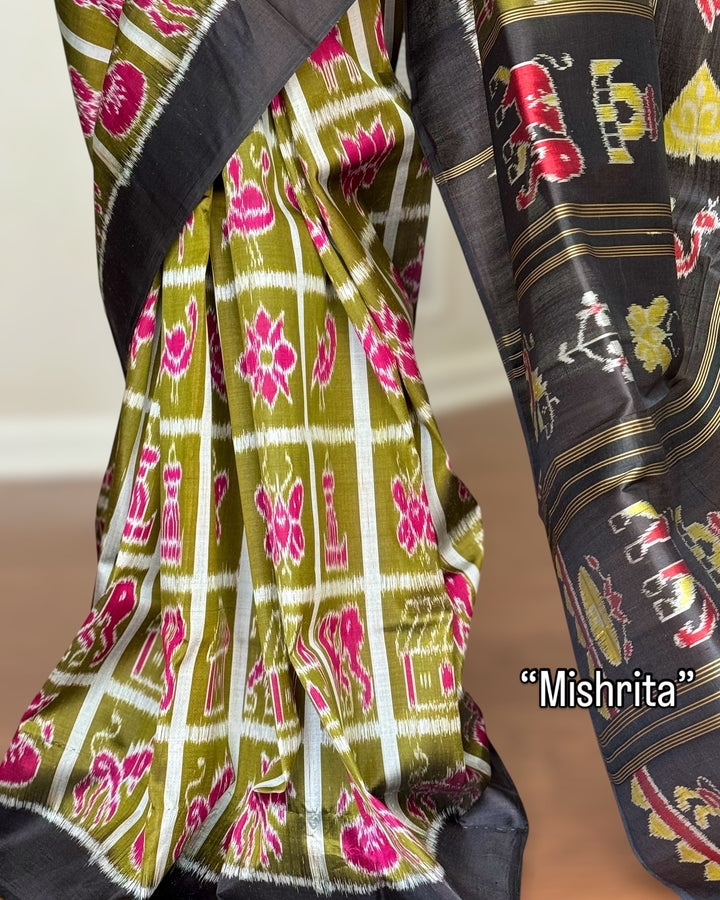 Olive Green Nabakothi Contemporary Ikat Pure Silk Saree|Odisha Weaves|Mishrita