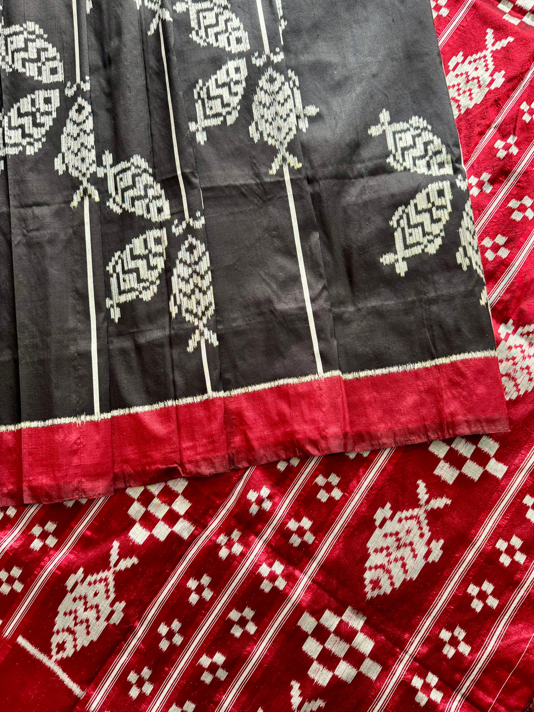 Black color fish motif handwoven ikat pure silk saree|Odisha Weaves|Contemporary Ikat|