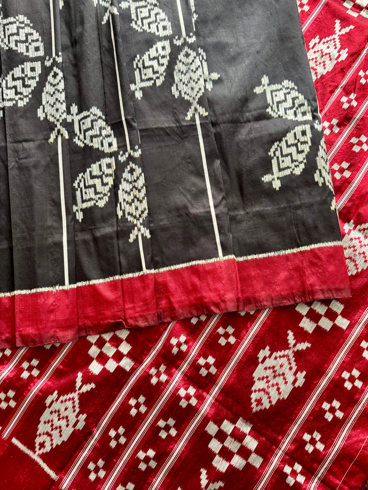 Black color fish motif handwoven ikat pure silk saree|Odisha Weaves|Contemporary Ikat|Antara