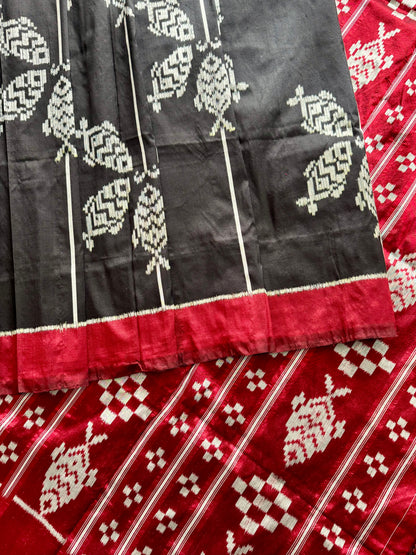 Black color fish motif handwoven ikat pure silk saree|Odisha Weaves|Contemporary Ikat|Antara