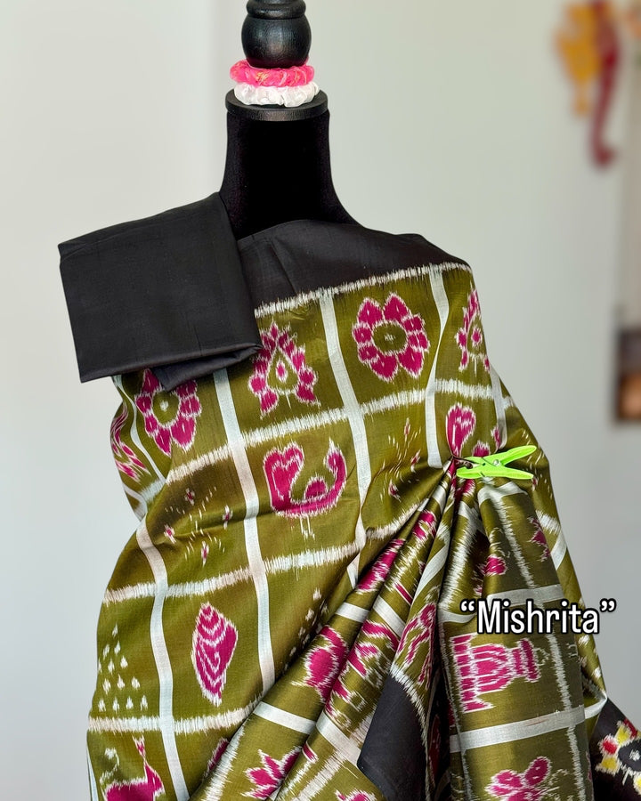 Olive Green Nabakothi Contemporary Ikat Pure Silk Saree|Odisha Weaves|Mishrita