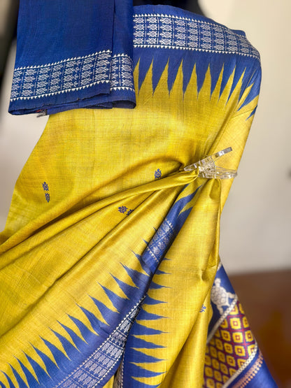 Boita theme handwoven pure Tussar silk saree in greenish yellow and blue color