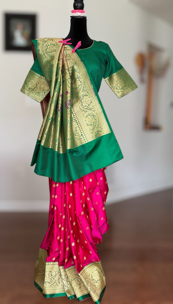 Pink Handloom Banarasi Silk Saree With Stitched Blouse