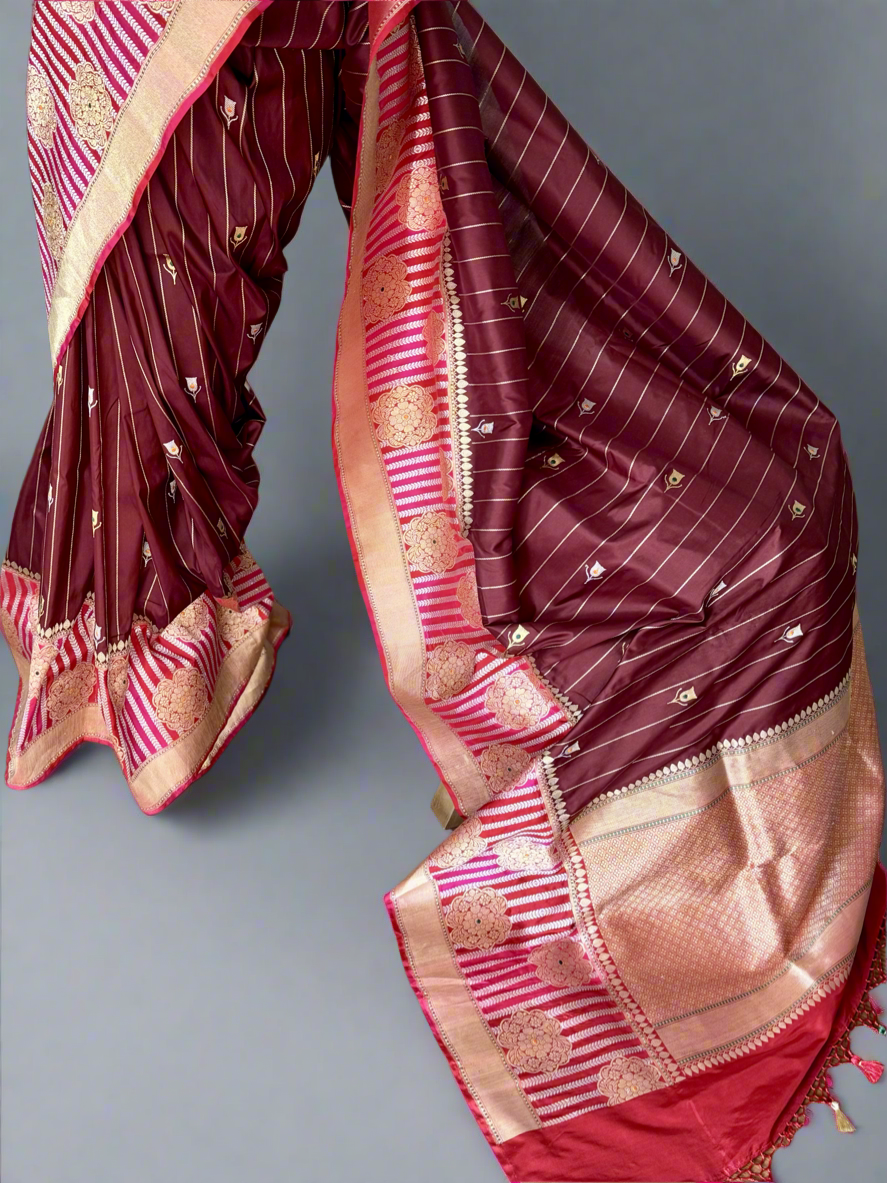 Maroon Luxurious Banarasi pure Katan Silk Saree with Rangkat Border