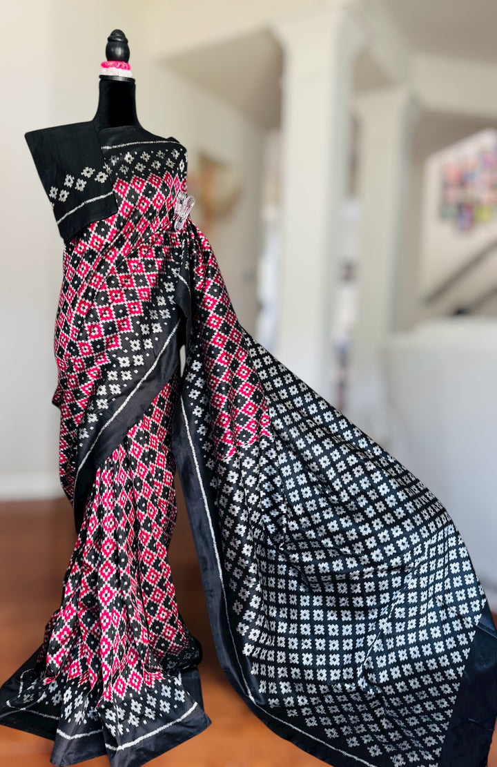 Black with red handwoven ikat pure silk saree|Odisha Weaves|Contemporary Ikat|