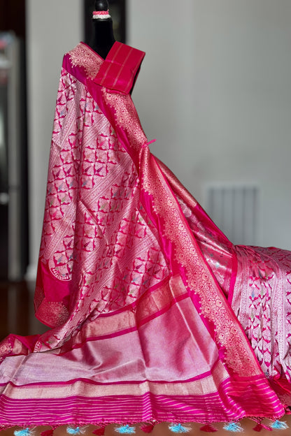 Luxurious Pink Banarasi ektara weaved pure katan silk saree with Kadhwa Janngla and meenakari work