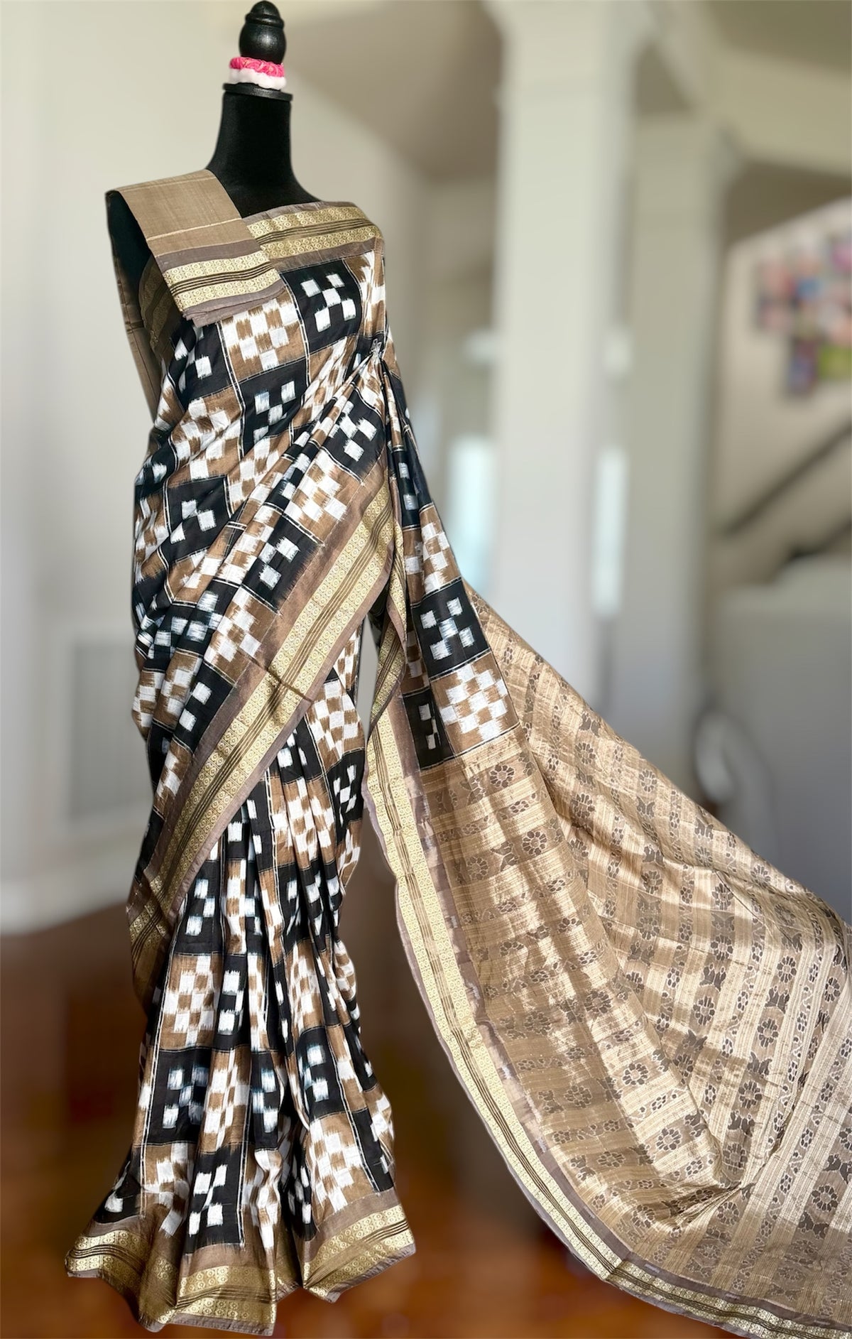 Sambalpuri Handwoven ikat pasapali pure silk saree|Toupe Color|Odisha Weaves|