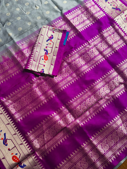 Grey purple high quality Venkatagiri handloom pure silk saree with Paithani border